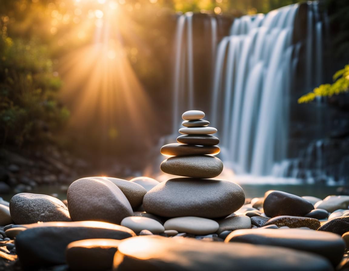 Zen Stone Arrangement at Sunset Waterfall