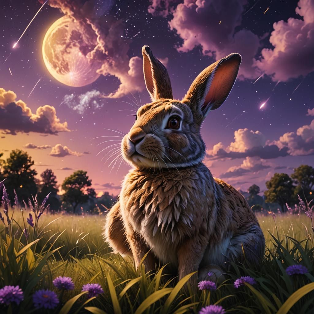 Rabbit Watches Meteor Shower in Dreamlike Sky