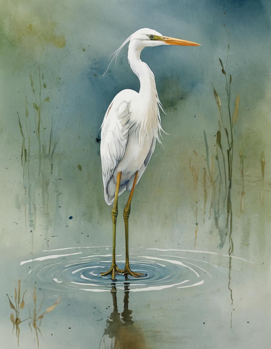 White Heron in Lake: Watercolor and Ink Painting