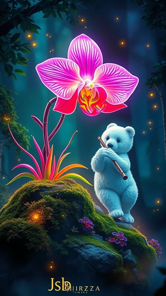Glowing Neon Orchid Blooms with Cyberpunk Bear in Lush Twili...
