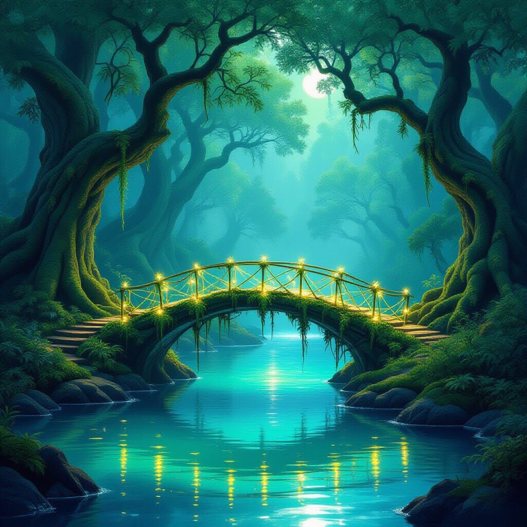 Enchanted Forest Bridge Over Luminescent Lake