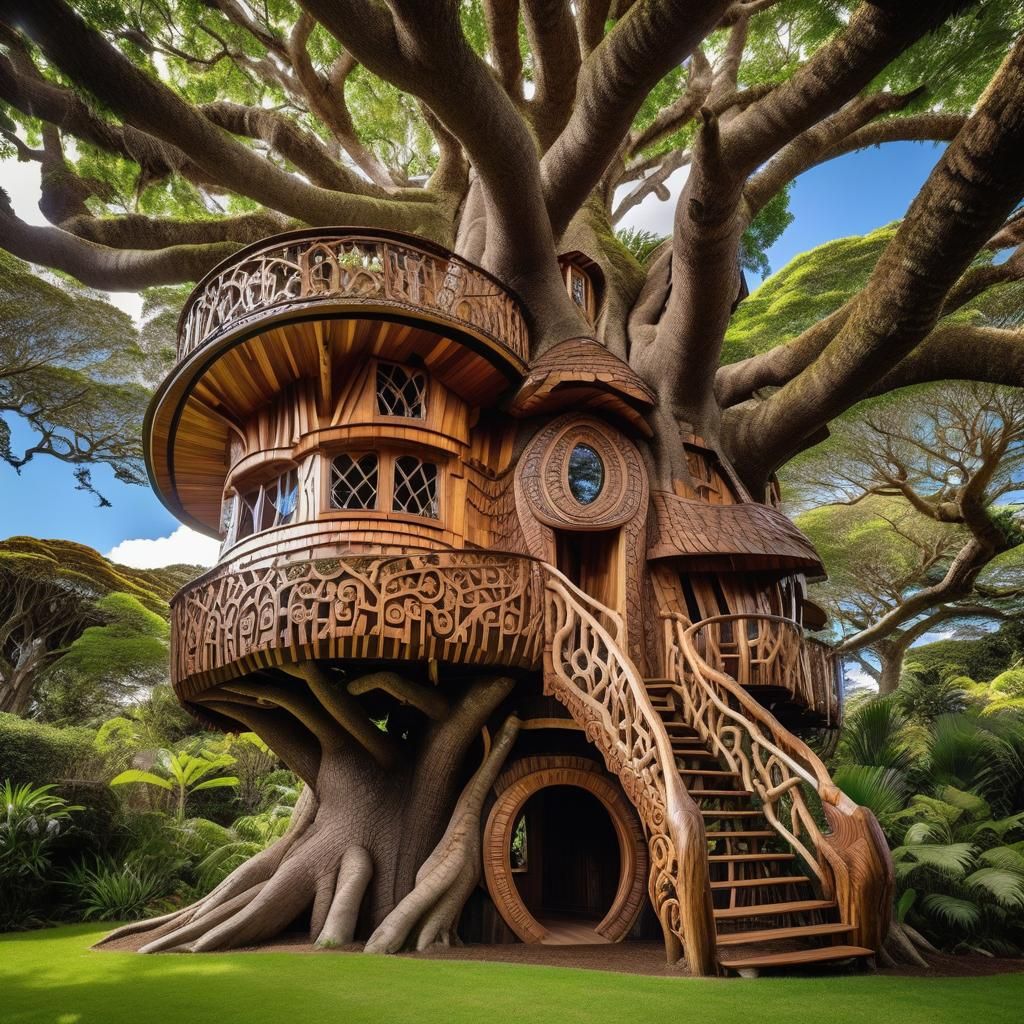 Intricate Treehouse with Tribal Carvings