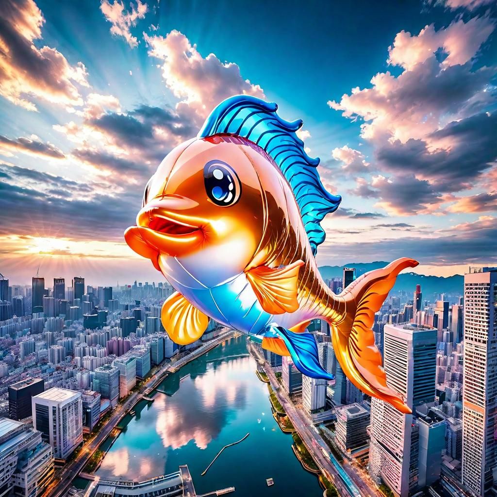 Large shiny inflatable metallic foil helium balloon chibi goldfish soaring high above the city with expressive hysterica...