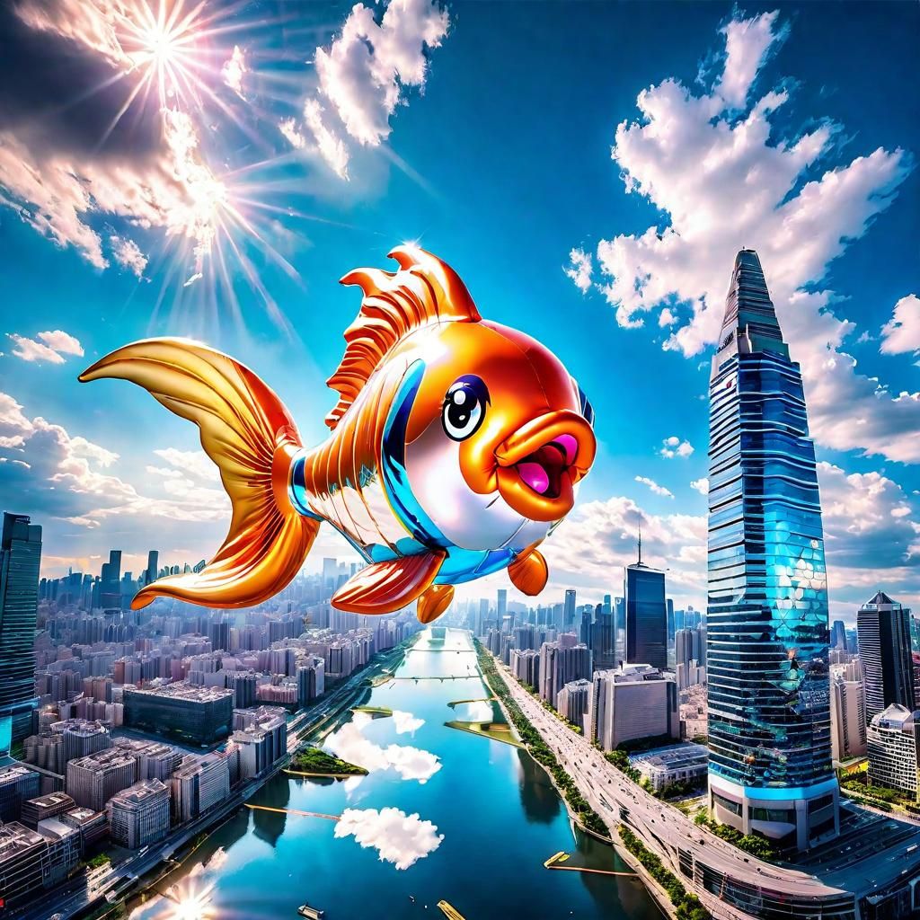 Large shiny inflatable metallic foil helium balloon chibi goldfish soaring high above the city with expressive hysterica...