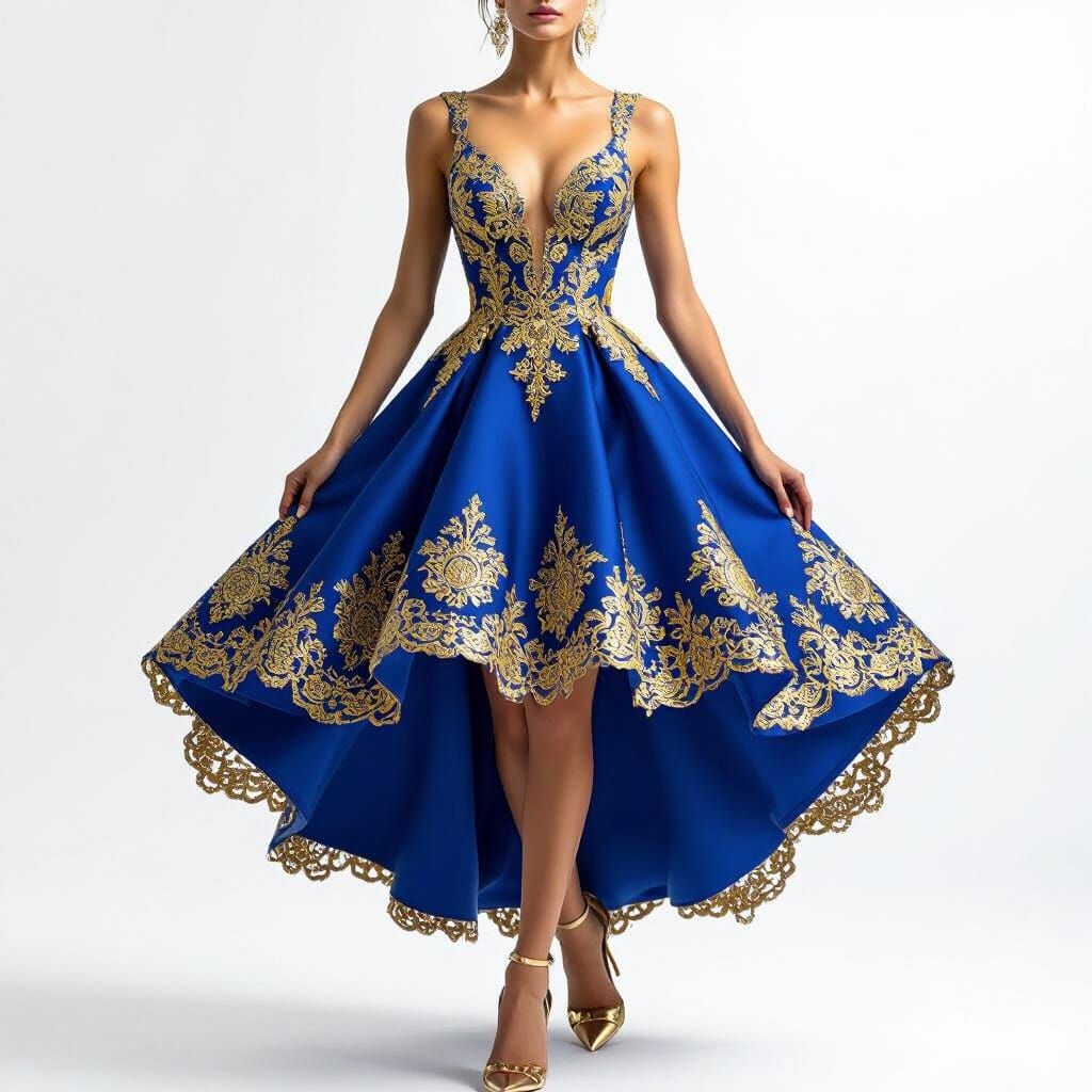 Royal Blue Gown with Intricate Gold Lace Overlay