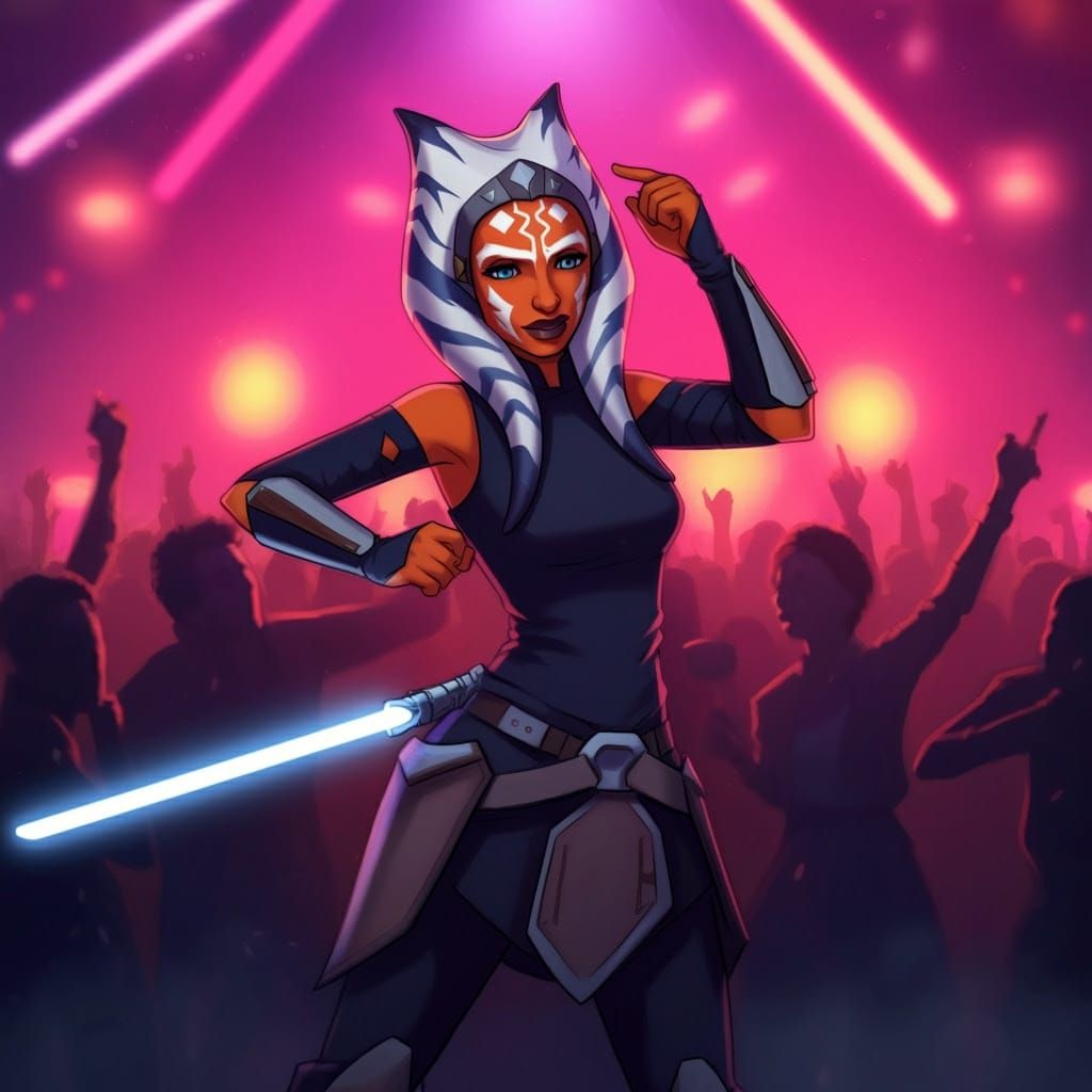 Ahsoka Tano from Star Wars dancing in a night club.