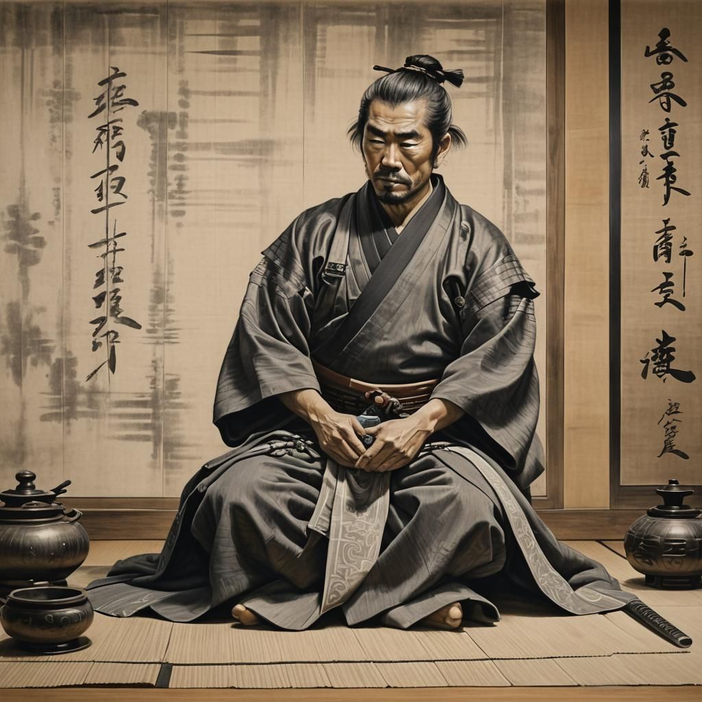 Samurai in Contemplation: Detailed Charcoal Drawing