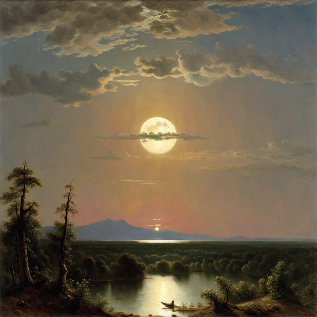 Moon in Crepuscular Rays: Classic Landscape Art