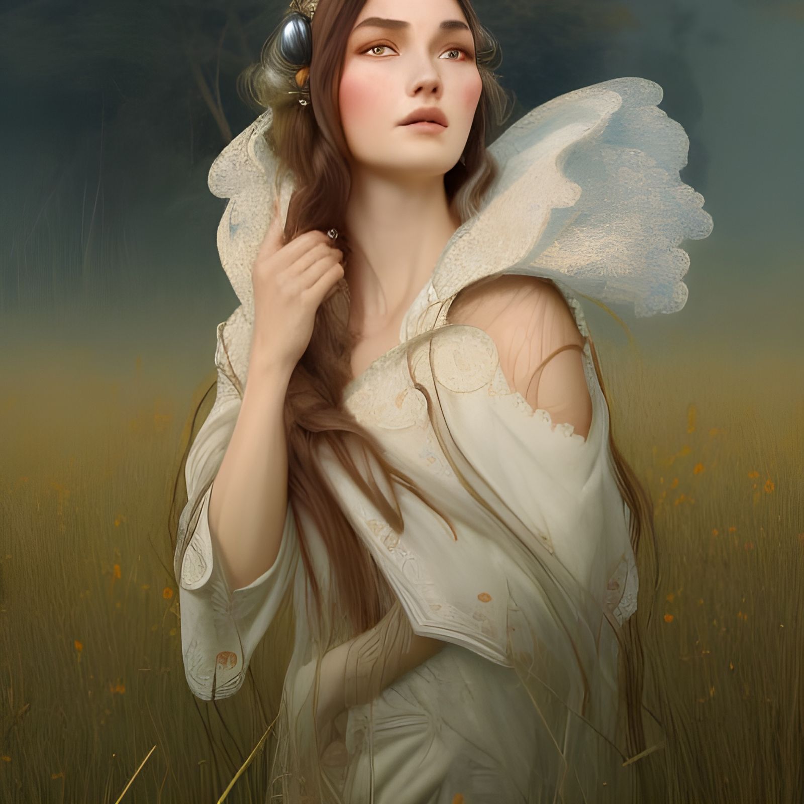 Filigree Faced Woman in Meadow: Hyperdetailed Portrait