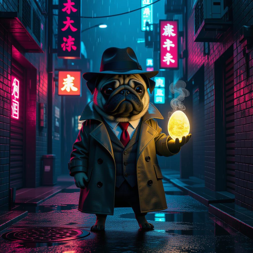 Pug Detective in Neon Alleyway, Gritty Noir Style