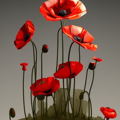 Metal Poppy Flower Sculptures in Art Nouveau Style