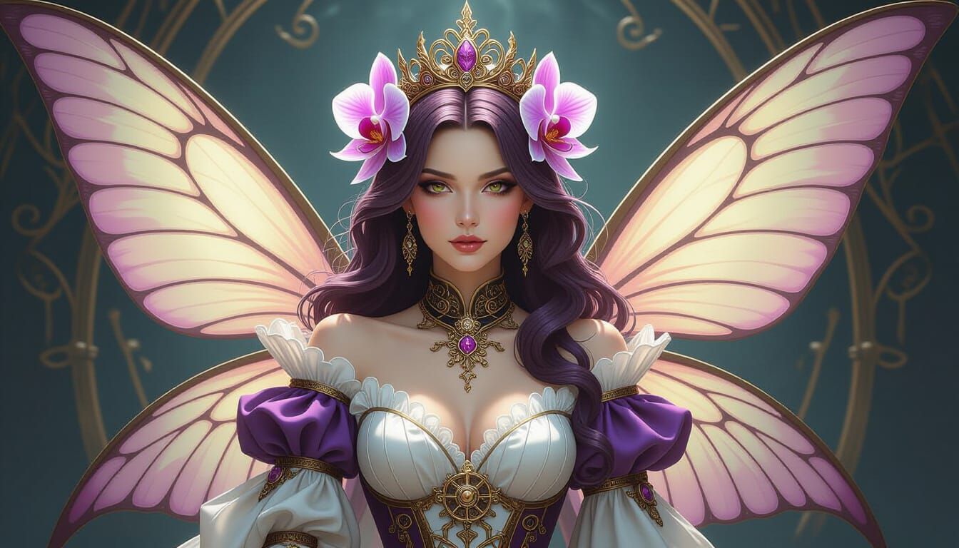 Regal Faerie Queen with Orchid Wings in Steampunk Style