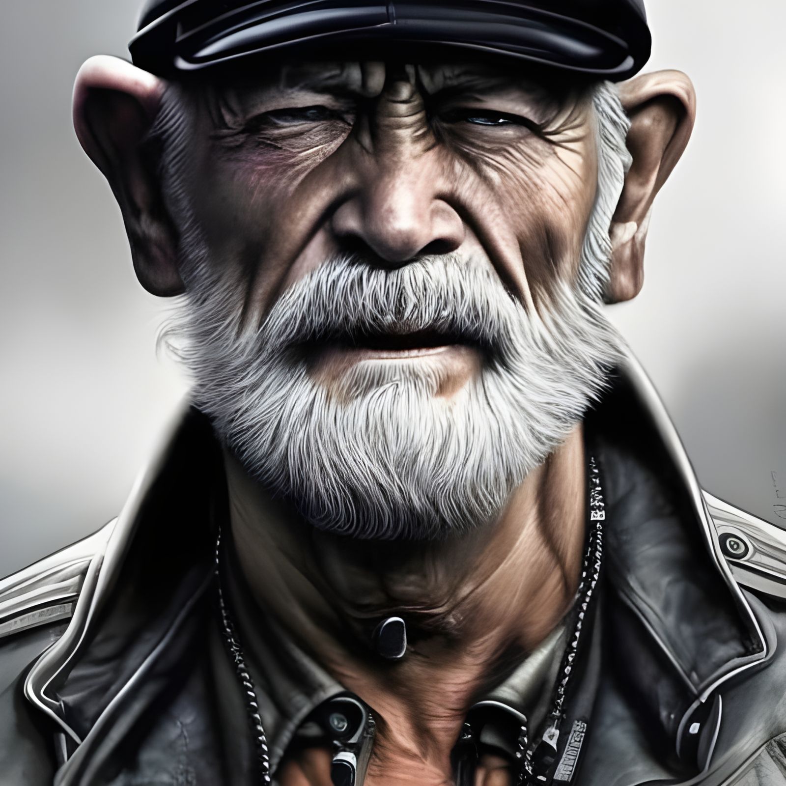 Hyperrealistic Portrait of a Wizened Old Biker