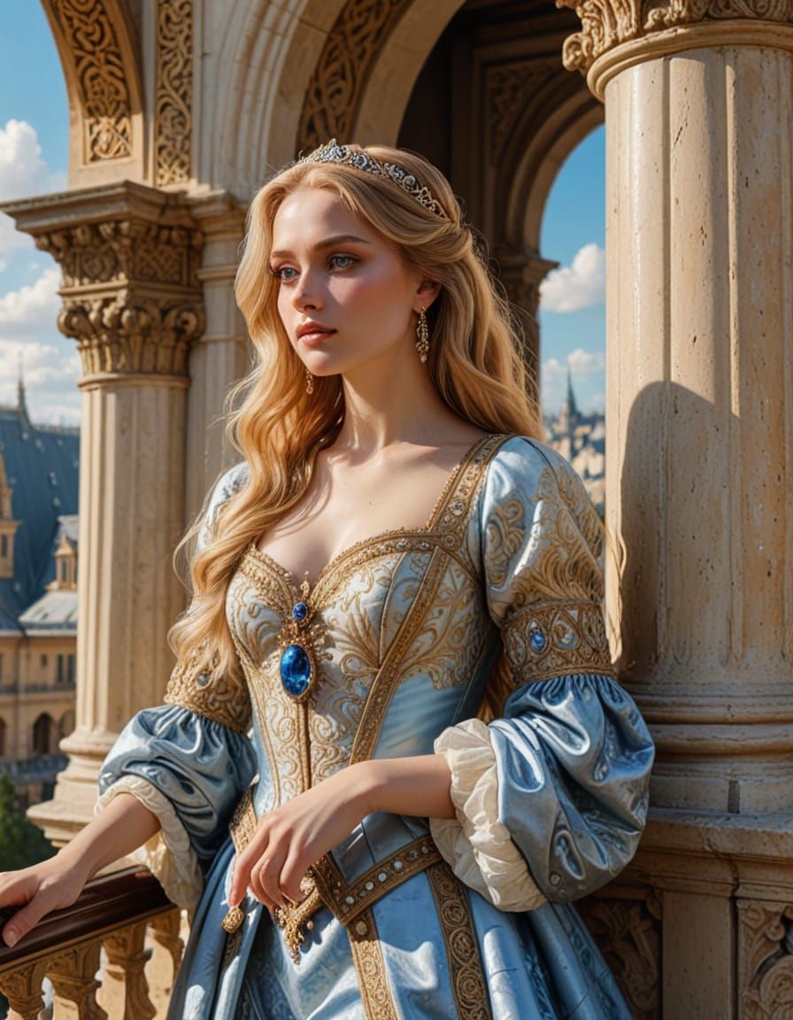 Elegant Princess on Palace Balcony in Renaissance Style