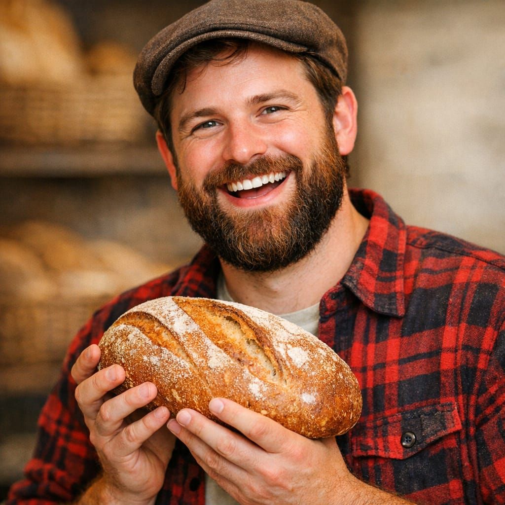 Happy Bearded Man Holds Fresh Loaf of Bread