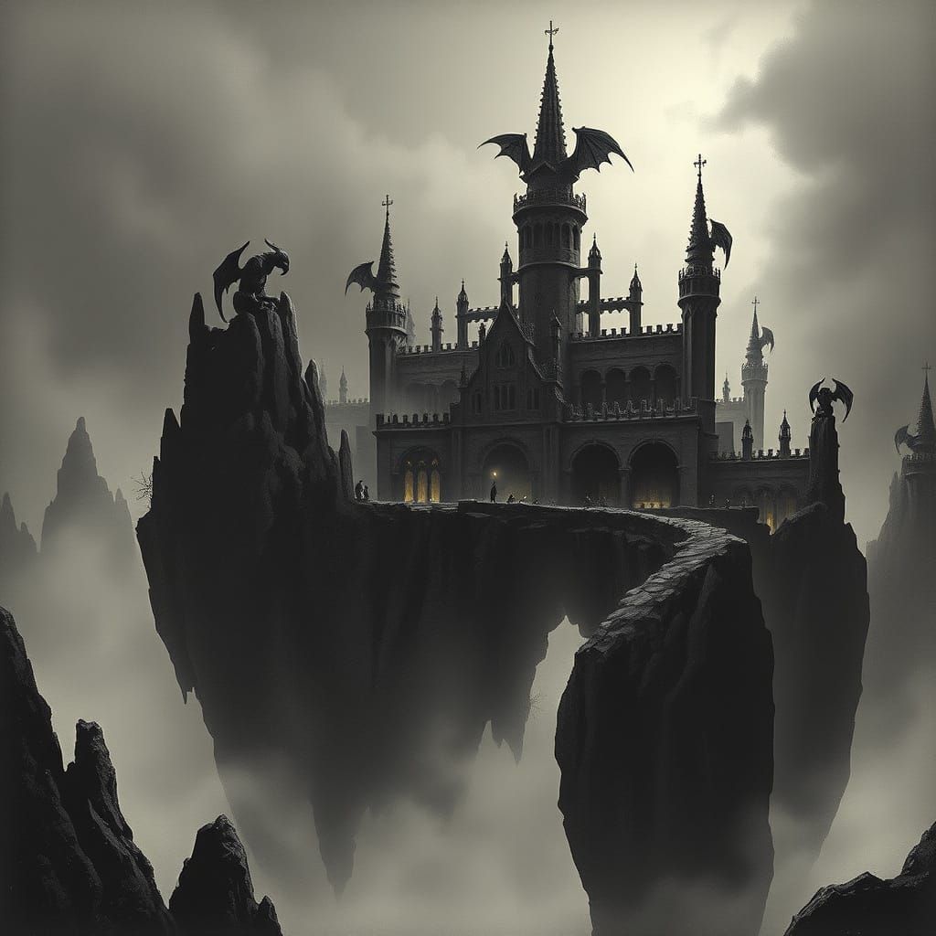 Gothic Cityscape on Floating Rocks in Twilight