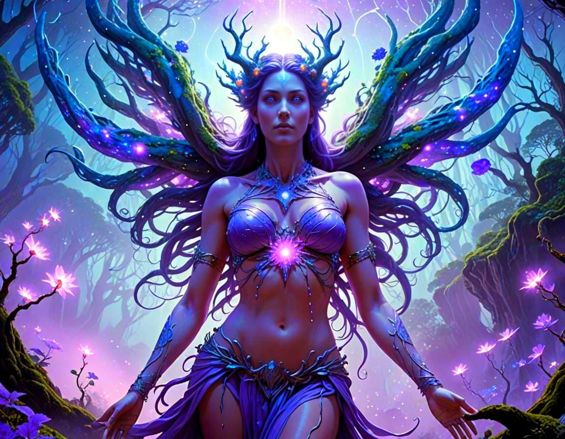 Cosmic Goddess Descends into Ethereal Glowing Forest