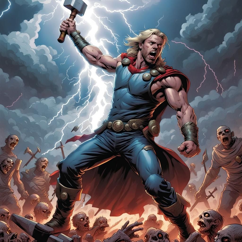 Thor shooting a lightning bolt from his hammer that strikes ...
