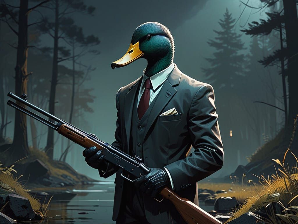 Duck in Blazer Aims a Rifle, Art Deco Inspiration Shines