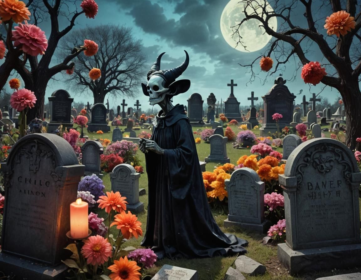 Haunting Graveyard Scene with Demons in Surreal Style