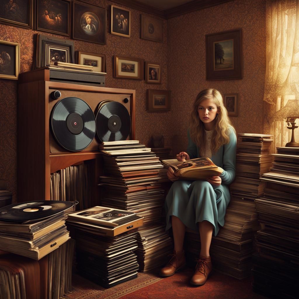 1970s Girl Surrounded by Albums