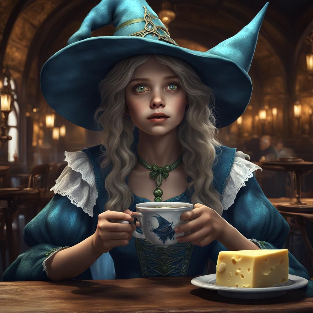 Whimsical Witch Enjoying Wine in Cafe: Fantasy Art
