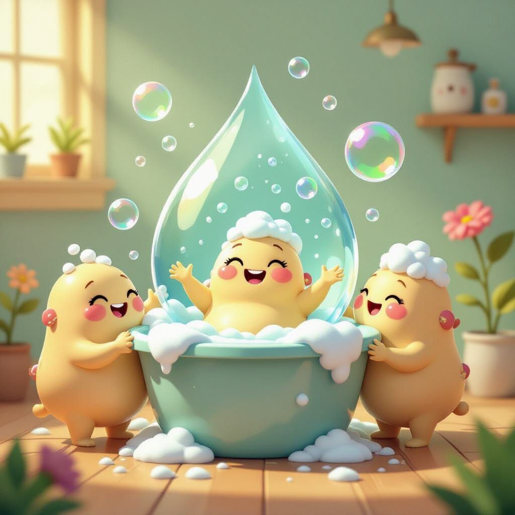 Smiling Microbes Bathe in Giant Water Droplet Cartoon Style