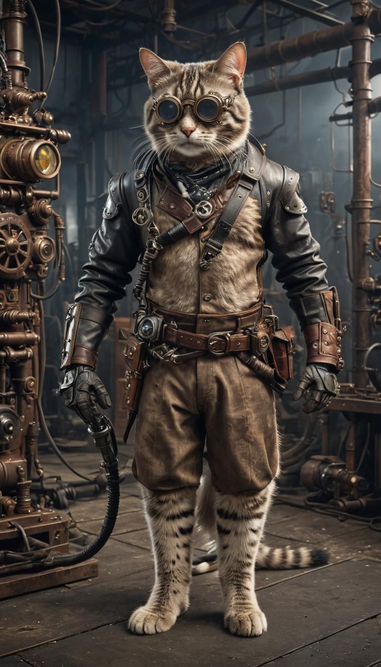 Steampunk Cat Welder in Industrial Setting