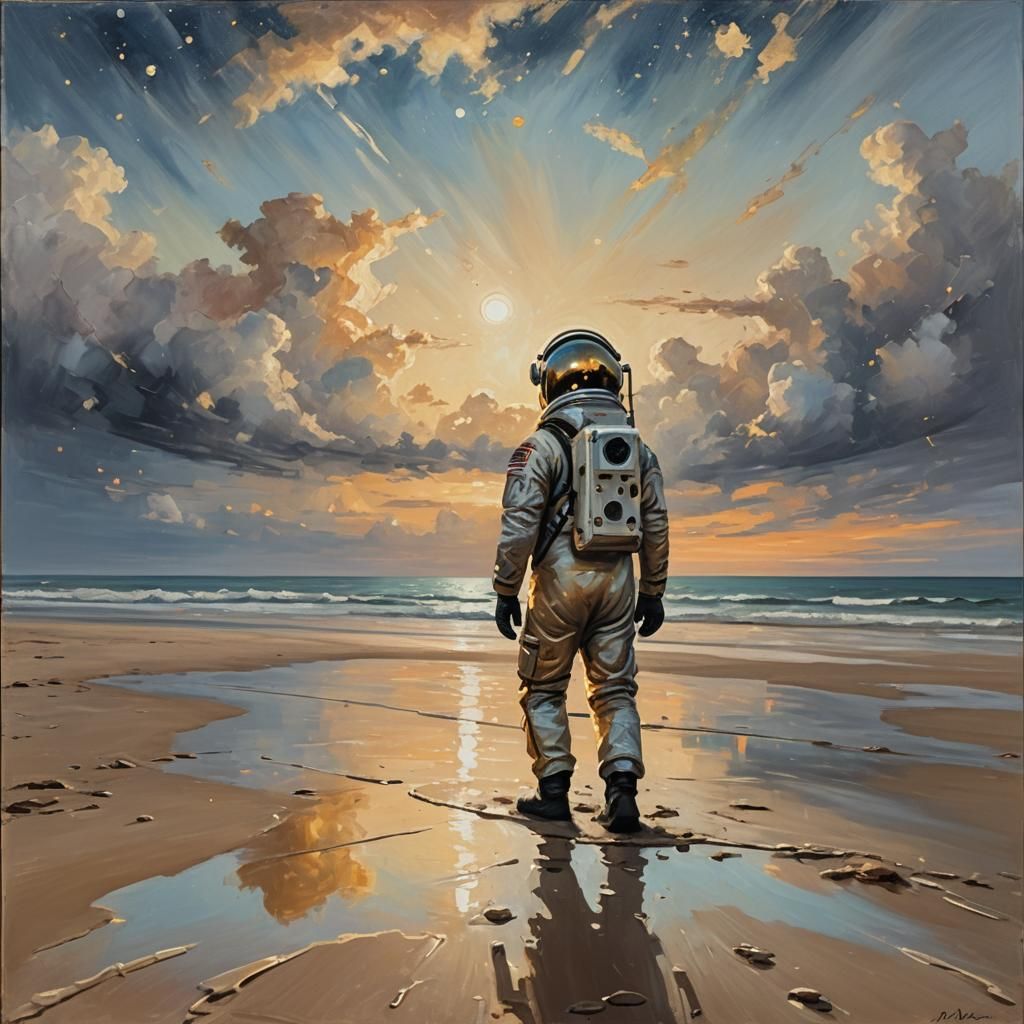Oil painting art of a lost astronaut walking on the beach wi...