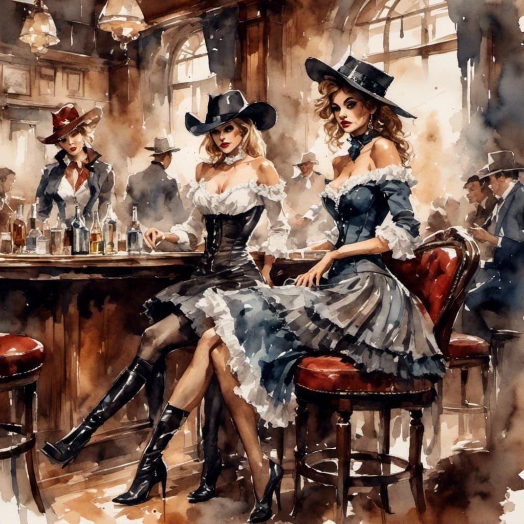 Victorian Women in Wild West Casino, Watercolour