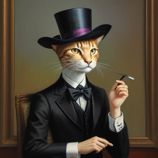 Elegant Cat in Top Hat Oil Painting