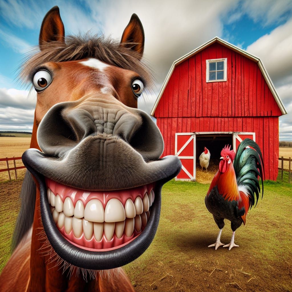 Humorous Horse Caricature with Red Barn Backdrop