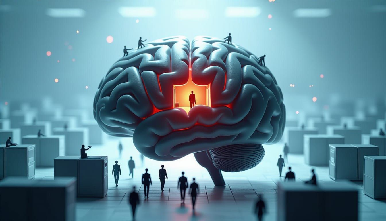 Office Cubicle Brain with Tiny Workers and Red Boss