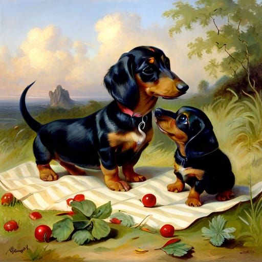 Dachshund puppies at play by Carl Reichert