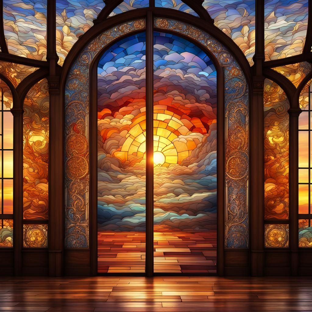 Pegasus Sunset in Stained-Glass Doorway