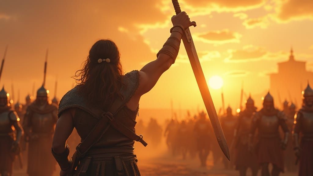 David Triumphs Over Goliath in a Vibrant Sunrise Scene, Hype...