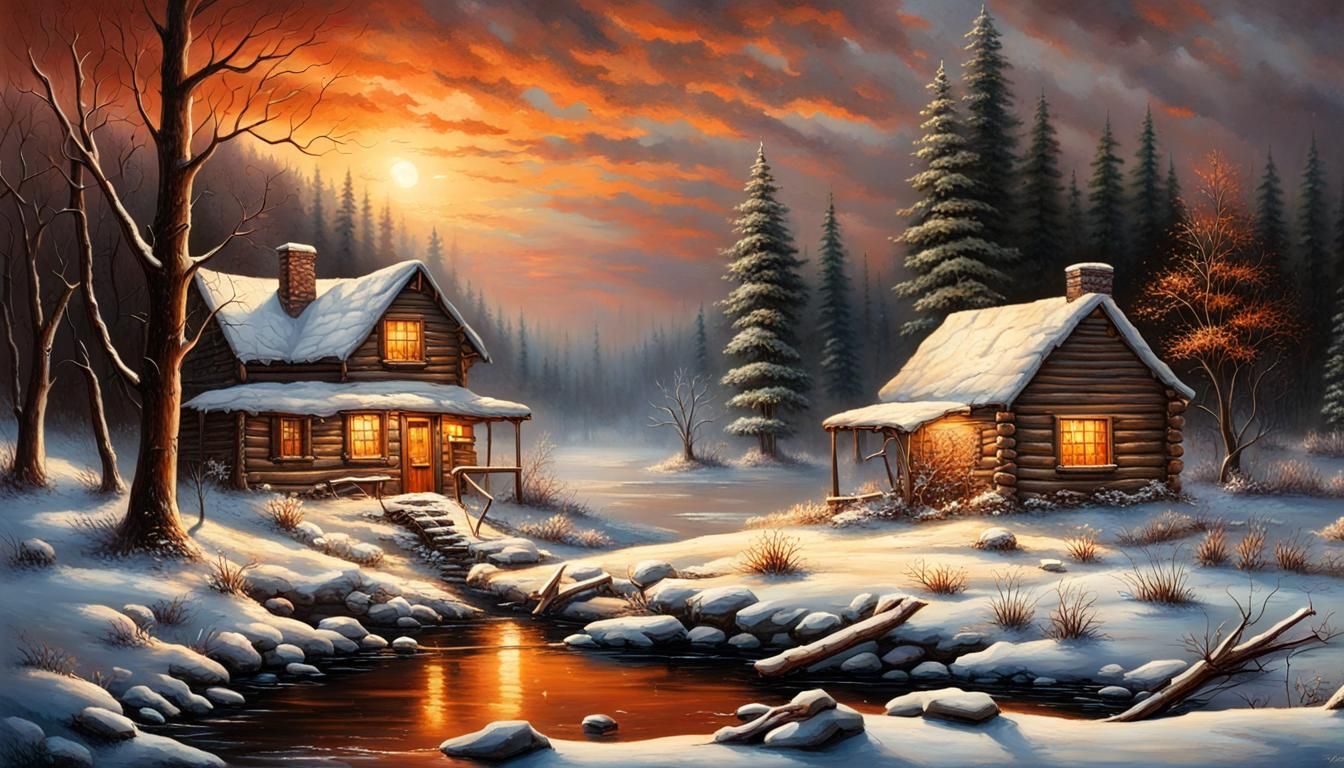 Winter Cabin Sunrise in Terry Redlin Style