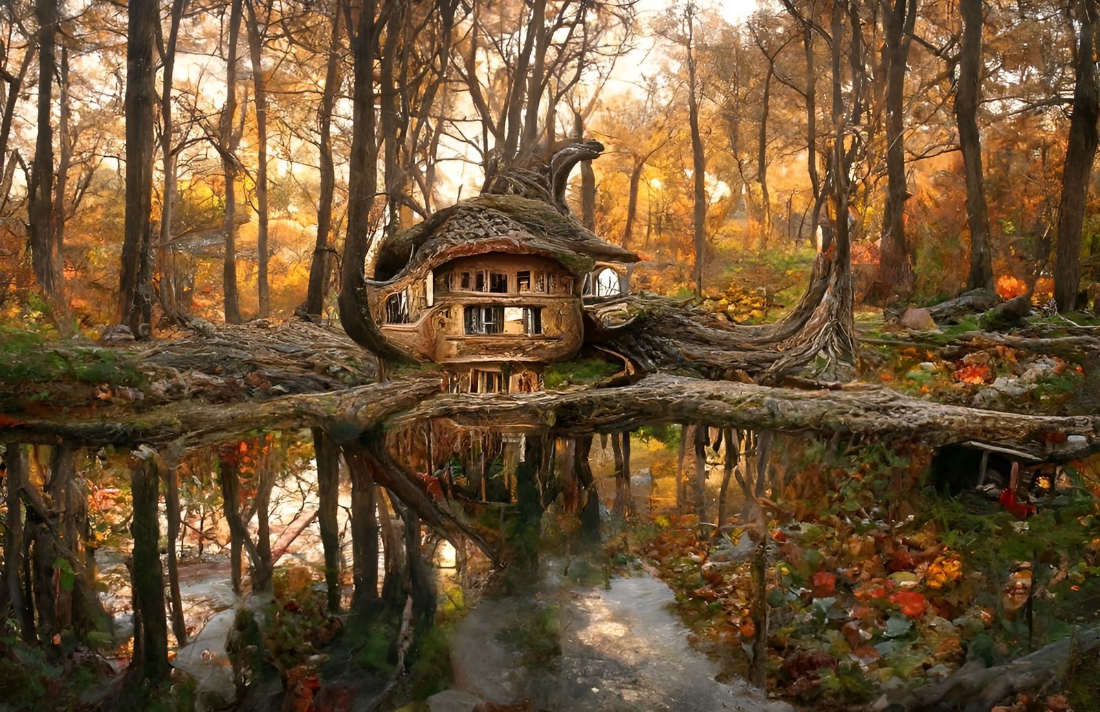 Surreal Storybook House in Autumn Forest, Detailed Oil Paint...