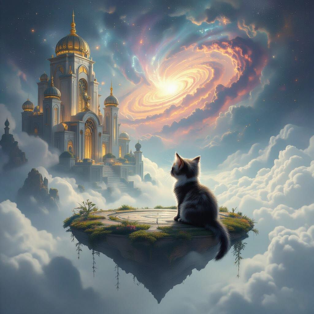 Kitten on Floating Island Gazing at Nebula in Matte Painting...