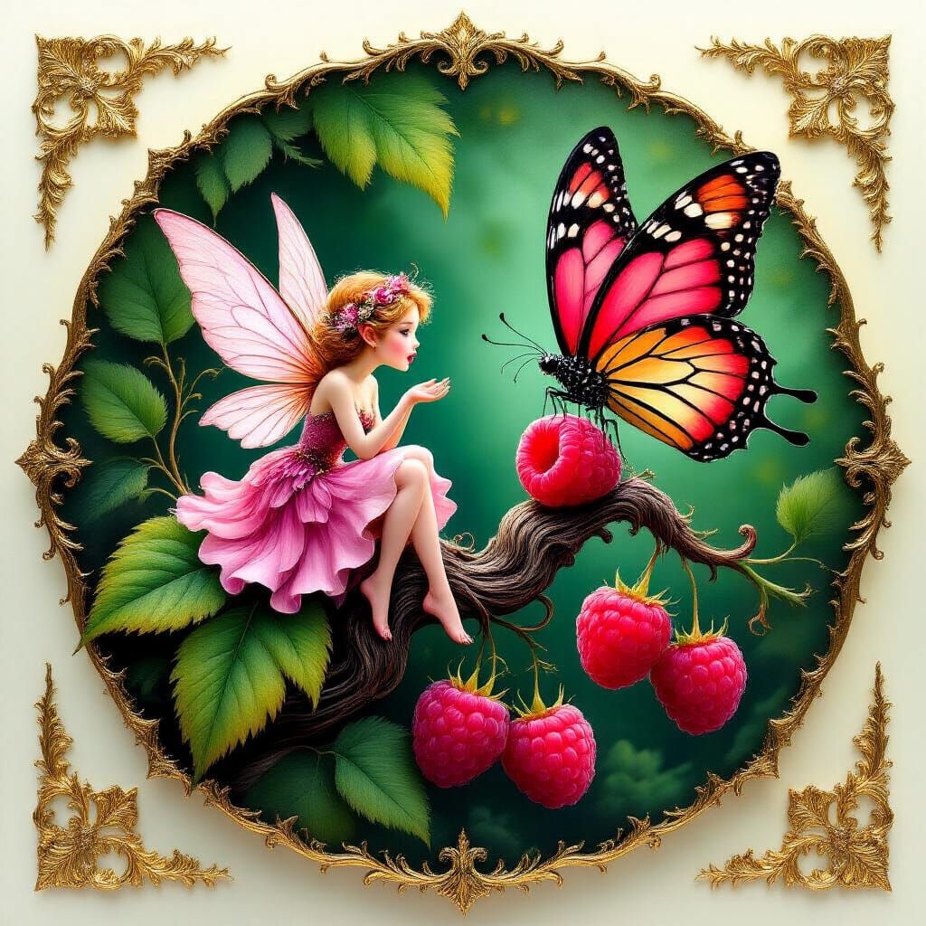 Raspberry Fairy with Butterfly in Glasswork Style