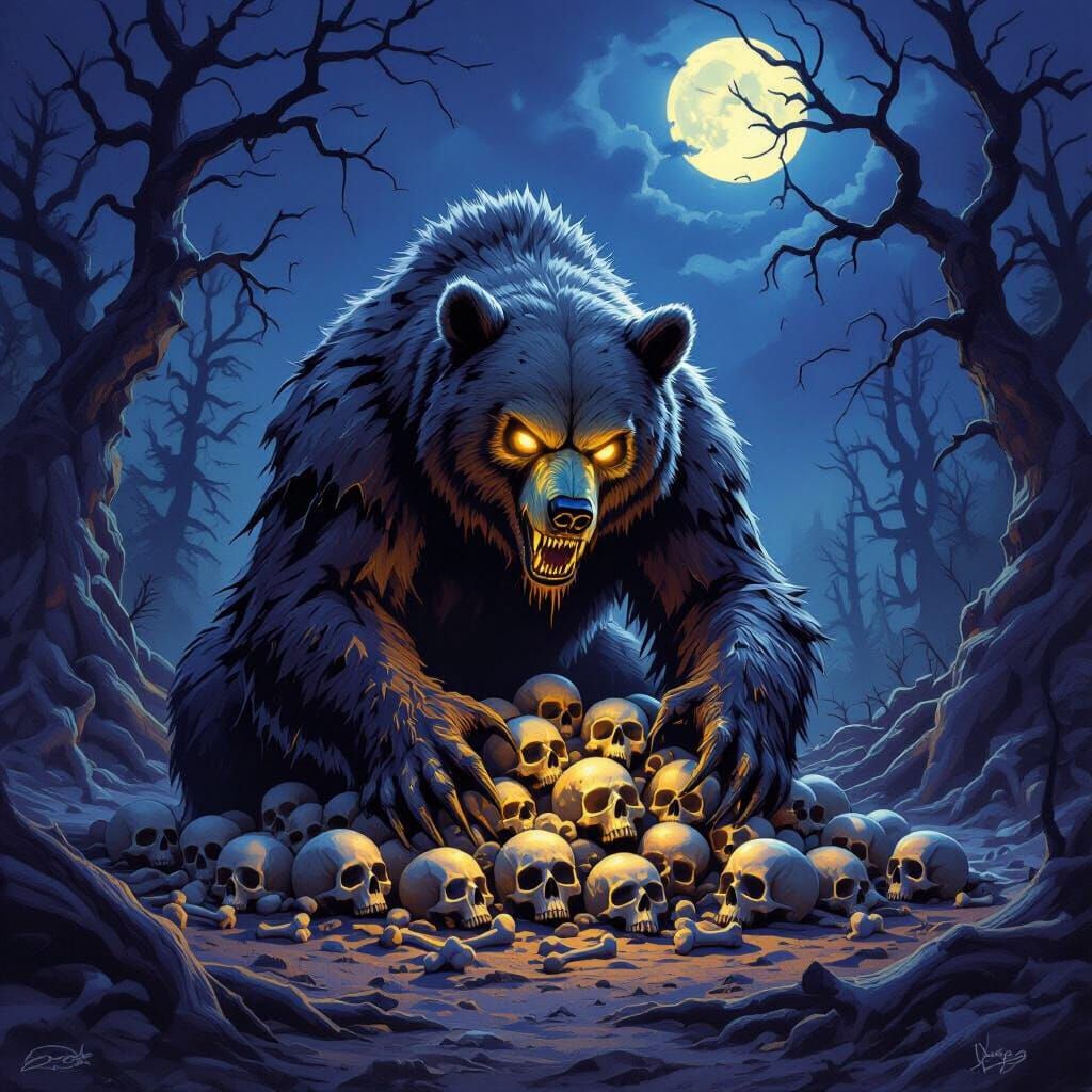 Undead Grizzly Bear Builds Skull Den in Dark Fantasy Forest