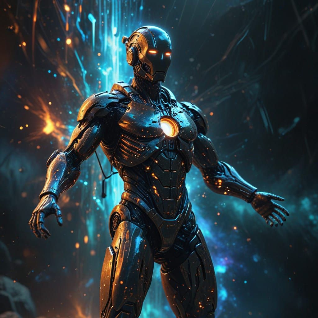 Spectral Cyborg Drifting Through Cosmic Rift in Cyberpunk St...