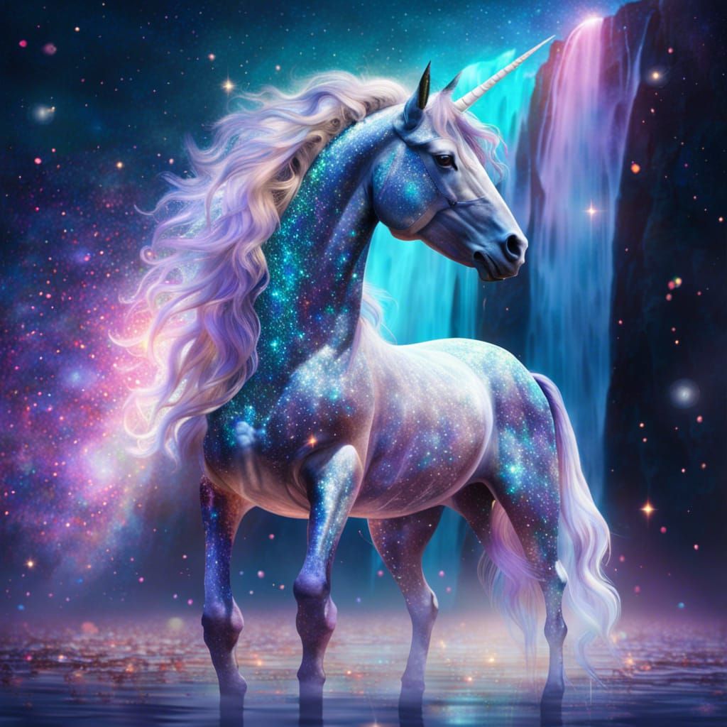 Sparkling Glitter Unicorn in Waterfall Lagoon