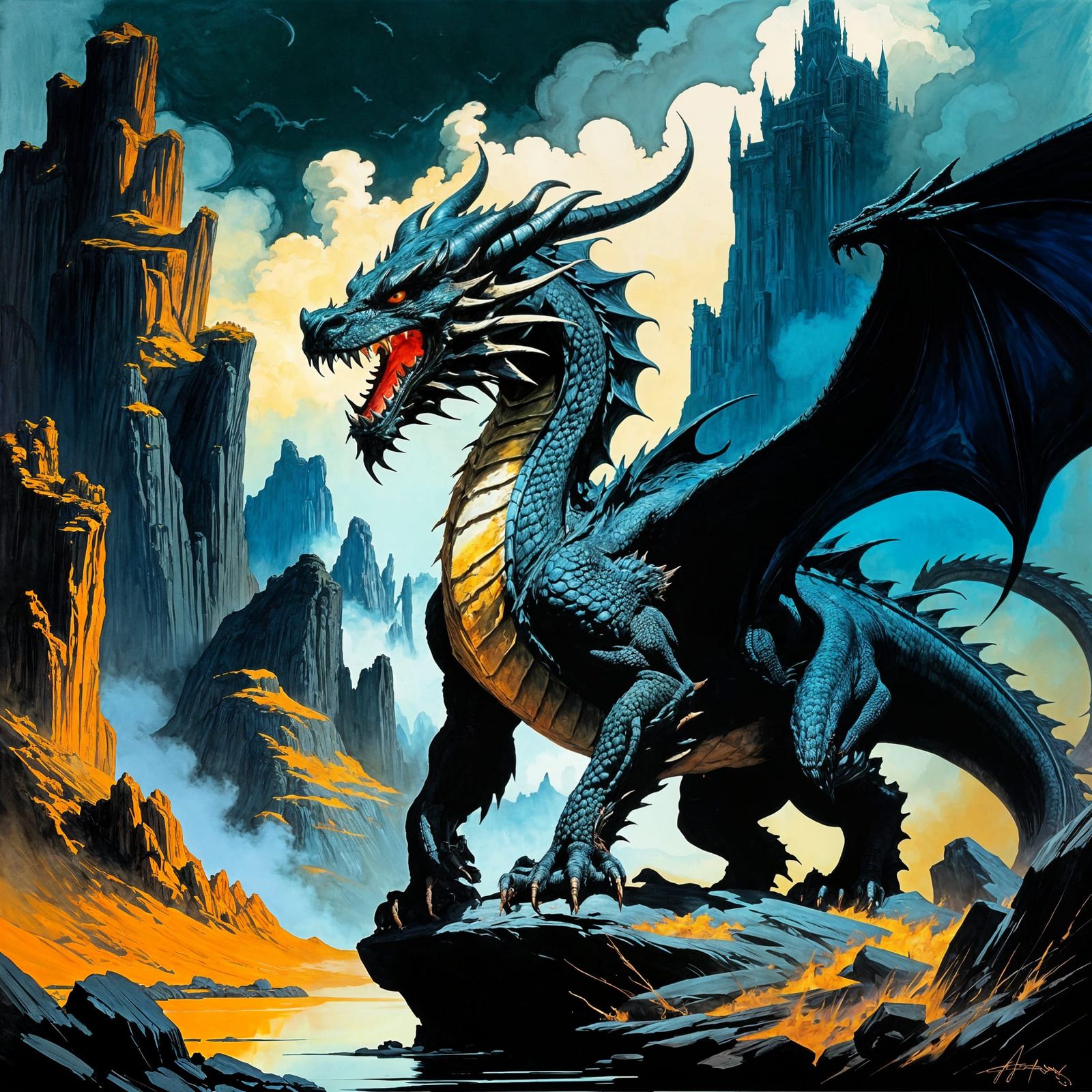 Epic Fantasy Landscape with Dragons: Ink and Pencil Art