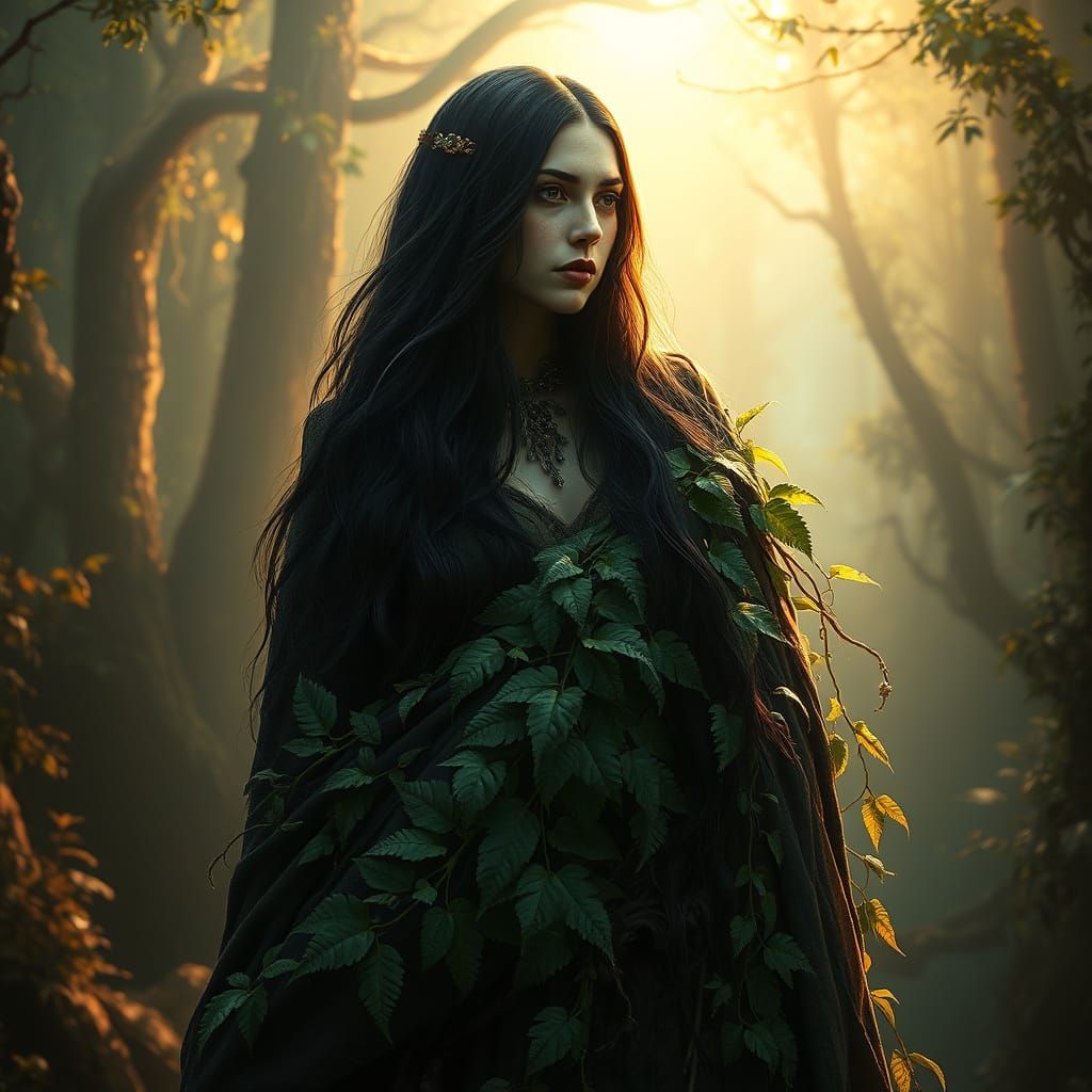 Ethereal Druidess in Emerald Cloak Amidst Ancient Forest