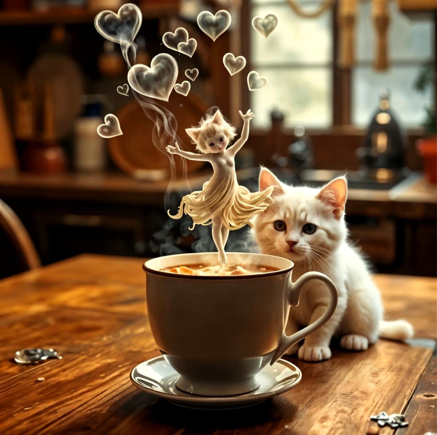 Magical Kitchen Scene with Kitten and Steam Dancer