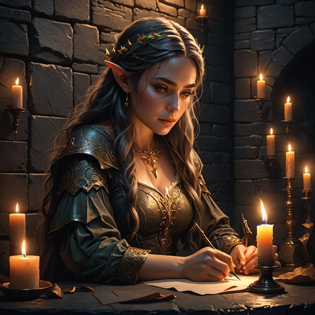 Elf Woman Writing by Candlelight: Hyperrealistic Splash Art