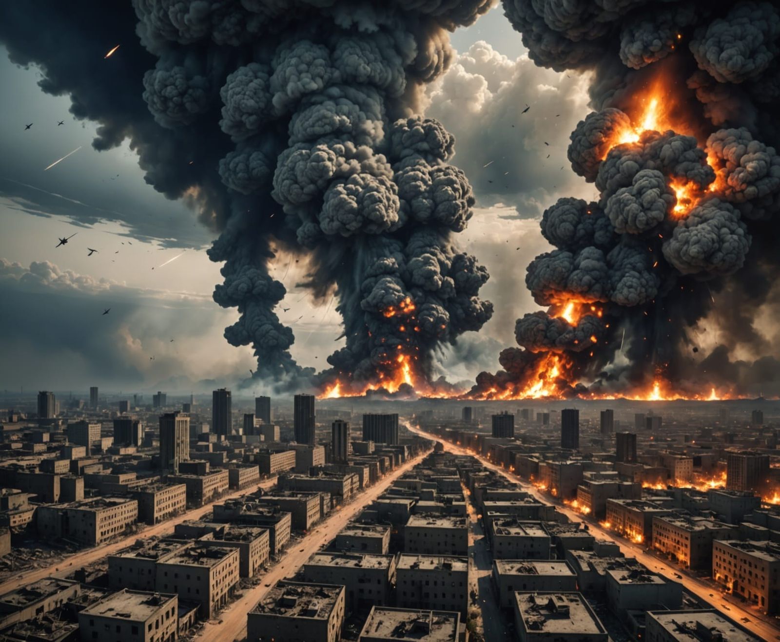 Sky filled with ash and meteors, burning cities below, apoca...