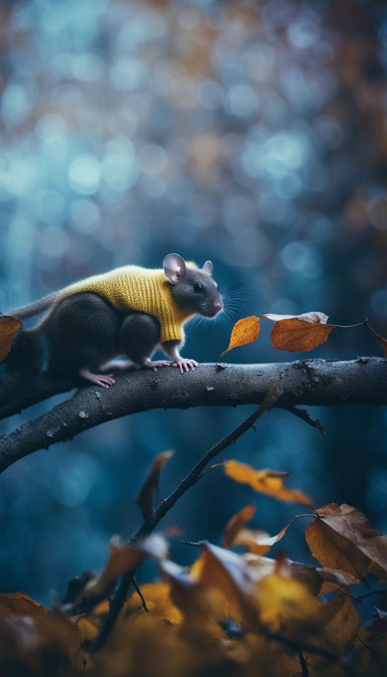 Mouse in Sweater Surrounded by Autumn Leaves