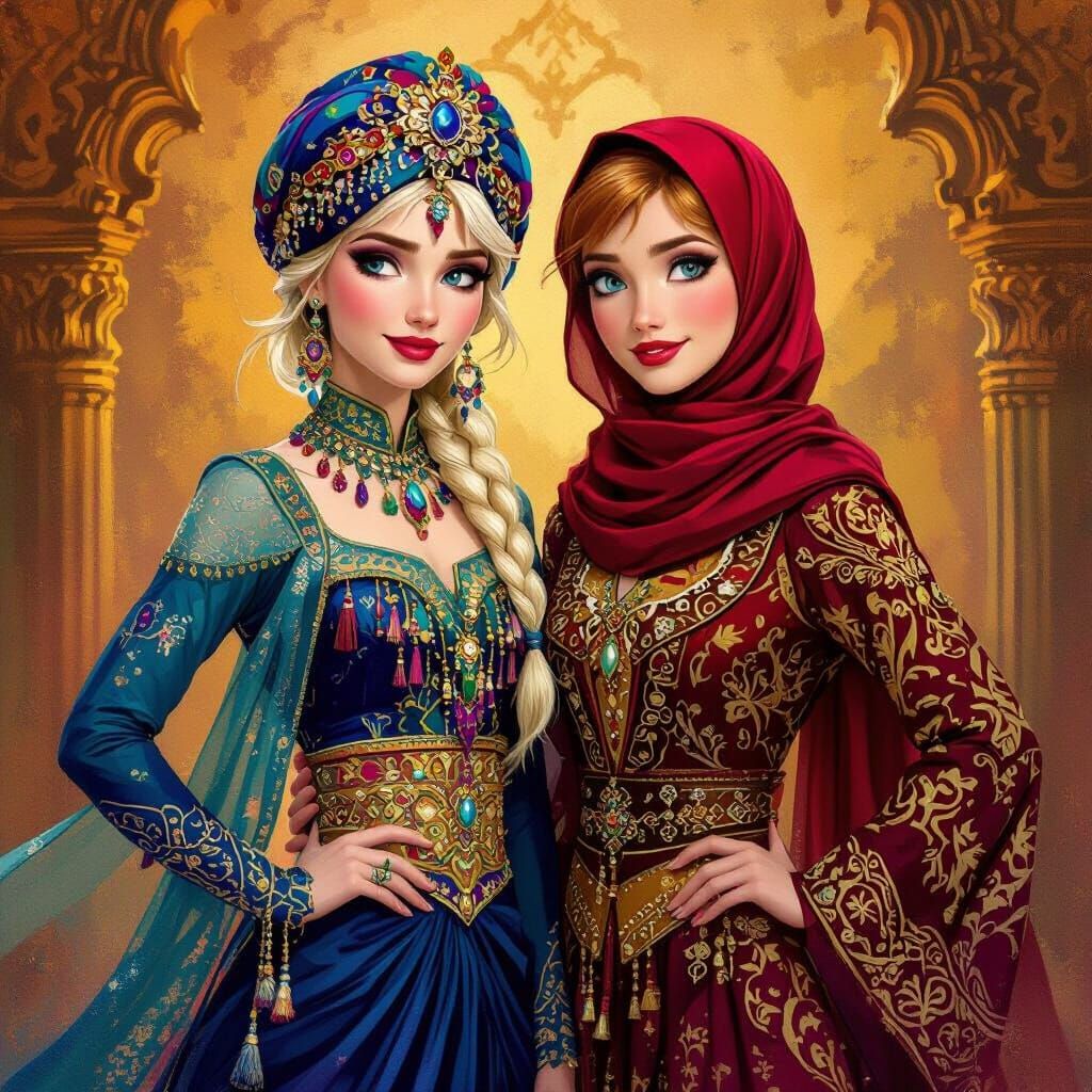 Elsa and Anna in Opulent Fusion Attire